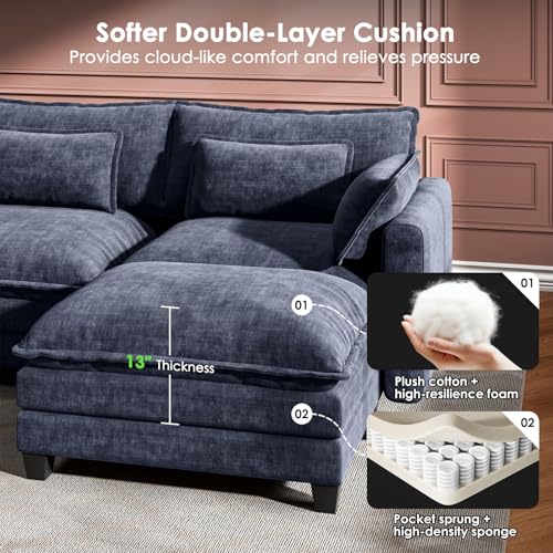 Image of Marsail Modular Sectional Sofa 145.6 inch U-Shaped Modern Comfy Cloud Couch, 6-Seat Chenille Deep Seat Sofa with Throw Pillow & Movable Ottoman for Living Room, Bedroom and Apartment, Blue
