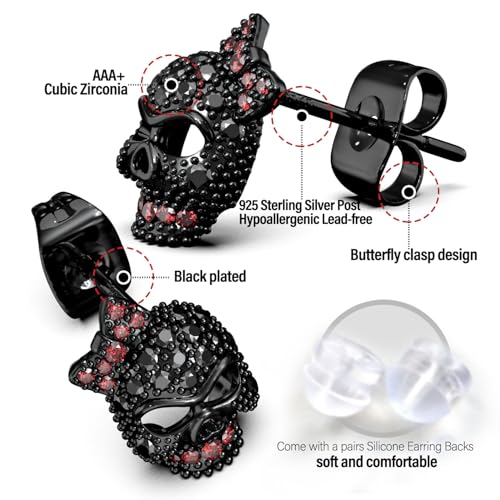 Exquisite Skull Earrings, Sterling Silver Post Cubic Zirconia Stud Earrings for Women men, Hypoallergenic Goth Jewelry, Gold, Black Stones2