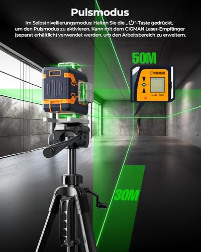 Kreuzlinienlaser 4x360, CIGMAN APP Intelligente Kontrolle Selbstnivellierend Laser Wasserwaage, mit Wiederaufladbarer Lithium-Batterie, Baulaser Kreuzlaser Grün für Innenbereich Bauste, (CM-S02)