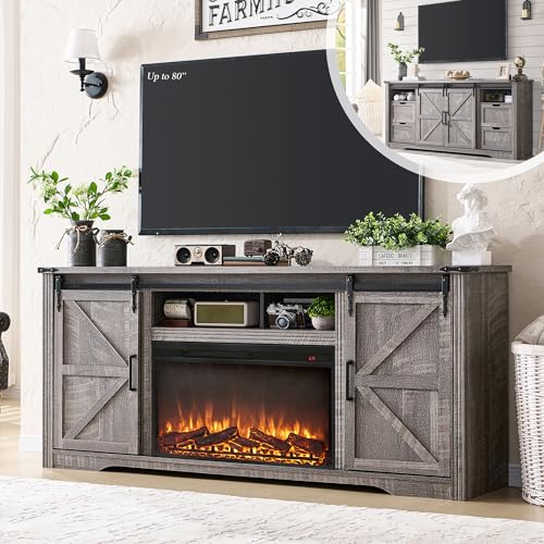 Image of Farmhouse 70 inchFireplace TV Stand for 80 Inch TV, 4 Drawers&Sliding Barn Door | 32 inch Tall Entertainment Center, 70 Inch Highboy Media Console for Living Room, Grey Wash