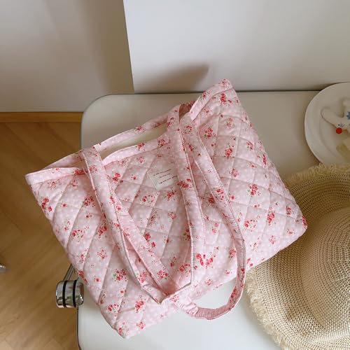 Image of Floral Quilted Cotton Shoulder Bag for Women Daily Use Medium Size Handbag Large Capacity Thickened Design Tote