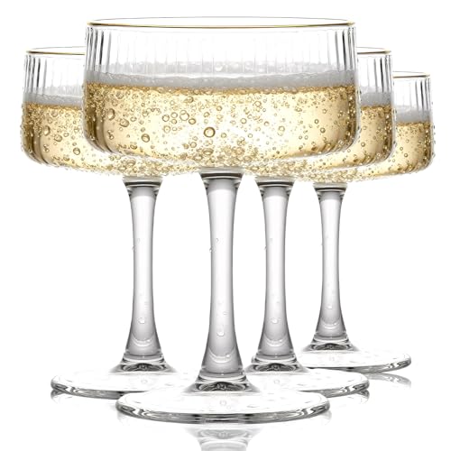 TOLASTO Ribbed Vintage Art Deco Coupe Glasses - Martini, Champagne & Cocktail Ribbed Glasses 260ML(9oz) | Crystal Ripple Goblet Glassware Set, Gilded, 4 Pieces, Housewarming Gift