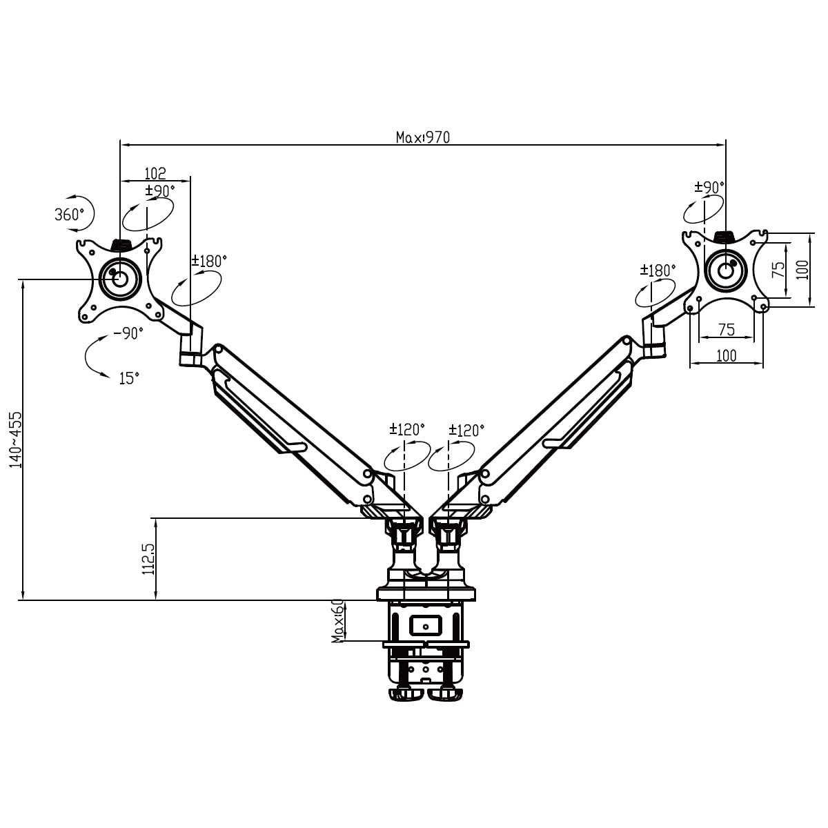 INOVU Premium Mount LT2 - Support 2 écrans PC 17 à 32 Pouces / 2 à 9 kg par écran - Compatible écran incurvé - VESA 75x75 ou 100x100 mm - Montage par Pince ou perçage - Noir