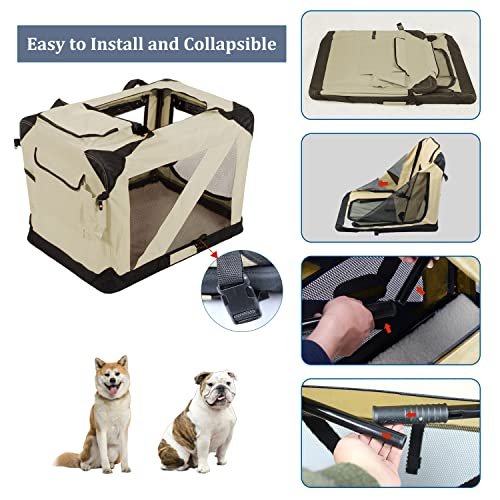 Jespet Soft Dog Crates Kennel For Pets, 3 Door Soft Sided Folding Travel Pet Carrier With Straps And Fleece Mat For Dogs, Cats, Rabbits, Grey Blue & Beige (36" L X 24" W X 27" H, Beige) #TOP1