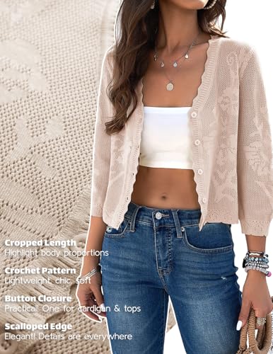 Kate Kasin Women's 2025 Cropped Cardigan Sweaters Trendy Lightweight 3/4 Sleeve Button Down Crochet Textured Shrugs Top3