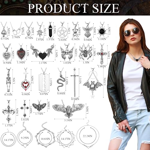 Bonuci 30 Pieces Grunge Necklace Set Goth Cross Necklace Y2K Necklet Punk Rock Vintage Harajuku Gothic Feather Chain Choker Necklet Jewelry Costume Accessories(Stylish Style)2