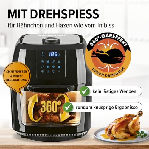 GOURMETmaxx Digitale Heißluftfritteuse XXL - 9L Ofen | Airfryer mit Timerfunktion, Touchdisplay, Drehspieß, Schaschlikspießen | fettarm, energiesparend frittieren | 8 Programme, 1800 W – Bild 7