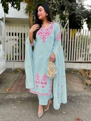 Image of GoSriKi Kurta Sets for Women Viscose Embroidered | Kurta Pant Dupatta Set | Straight Kurti Set for Women | Round Neck 3 /4 Sleeve Ethnic Suit | Designer Indian Kurti Outfit with Pants