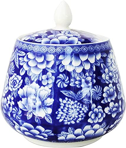 Beautiful Blue and White Decorative Floral Container or Jar. Tulip Shaped with lid