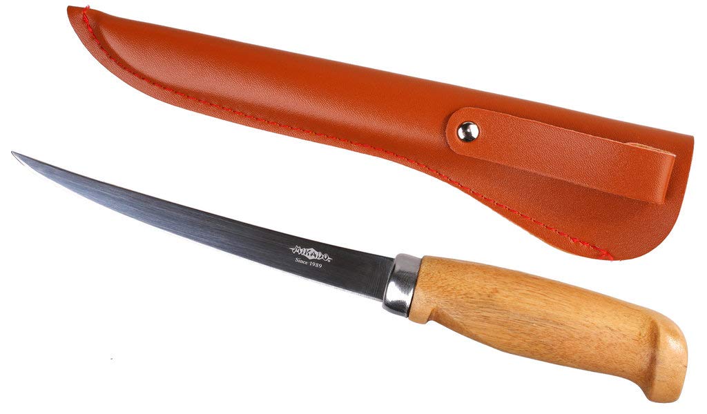 Mikado - Cuchillo fileteador con Mango de Madera y Hoja de 15 cm, Vaina de Piel, Hoja Flexible de Acero Inoxidable japonés