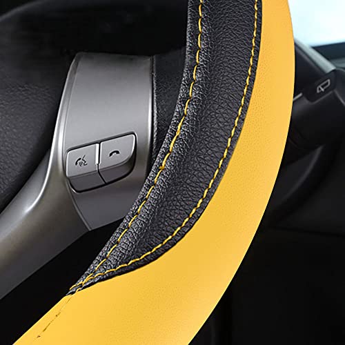 Image of Leather Car Steering Wheel Cover, Non-Slip Car Wheel Cover Protector Breathable Microfiber Leather Universal Fit for Most Cars (Black&Yellow)