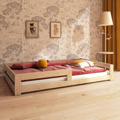 Need Sleep Montessori Bett Kinder Bodenbett 120x200 cm mit Rausfallschutz Lattenrost Kinderbett am Boden Niedrig Kids Floor Bed Bodentief aus Holz Mädchen Junge