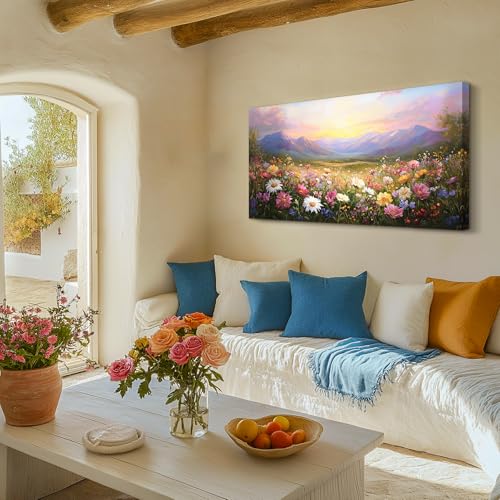 crmotu Landscape Wall Art, Mountain Wall Art, Floral Wall Decor, Daisy Flower Field Canvas Artwork, Rustic Bright Big Paintings for Living Room Bedroom Entryway Home Office Prints 24x48inch