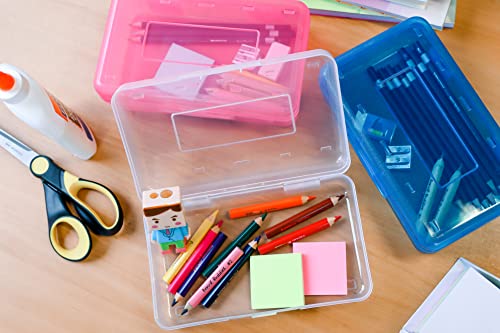 Plastic Pencil Box (3 Pack), Pencil Case, Adults And Kids, Large Capacity Hard Pencil Case With Snap Tight Lid, Crayon Box Storage (Clear, Pink And Blue) #TOP6