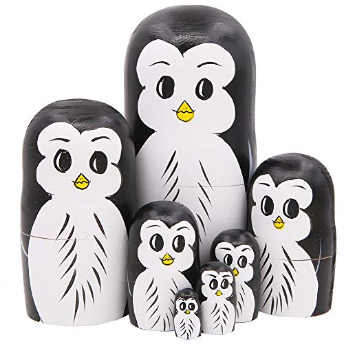 Flyan Ensemble 7 pièces Pingouin en Bois à la Main poupées gigognes matriochka poupée Russe pour Enfants Jouet Anniversaire noël Nouvel an Cadeau décoration de la Maison Cover