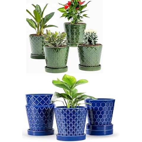 EFISPSS Flower Planter –5 inch Ceramic Plant Pots with Drainage Hole and Ceramic Tray - Gardening Home Desktop Office Windowsill Decoration Gift Set of 4 - Plants NOT Included Cover