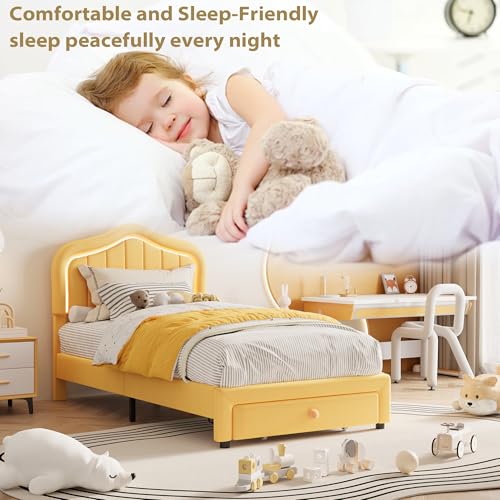 GarveeHome Twin Upholstered Bed Frame with Storage Drawer and Smart Led Headboard, Twin Size Platform Bed Frames for Kids, Wooden Slats Support, No Box Spring Needed, Easy Assembly, Yellow