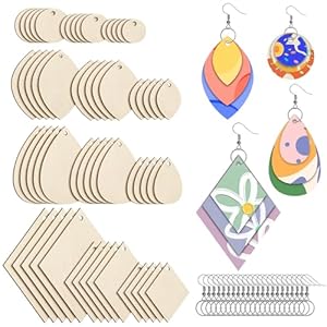 320 Pieces Unfinished Wooden Earrings Blank Wood for Earring Pieces 4 Shapes for Wooden Earring with 100 Pieces Earring Hooks &100 Pieces Jump Rings