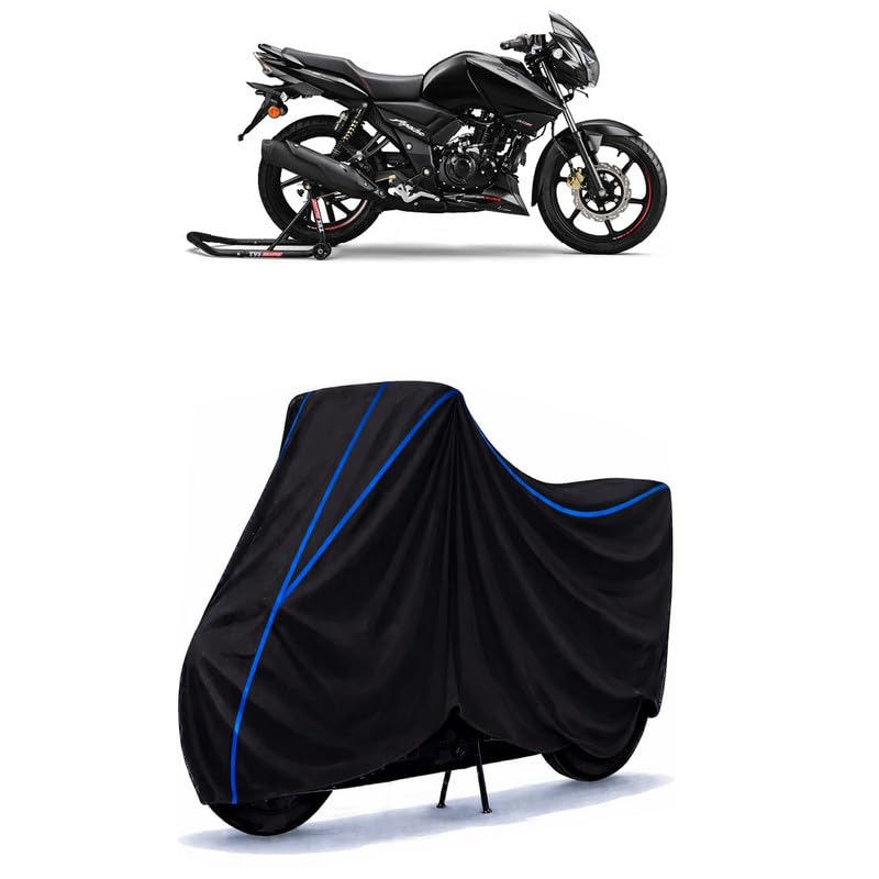 Image of TVS Apache 160 Bike Cover Water Resistant Universal Motorcycle Rain | Heavy Duty UV Protection, Dust, Scratch Indoor Outdoor All Weather with Black Blue Piping Elastic