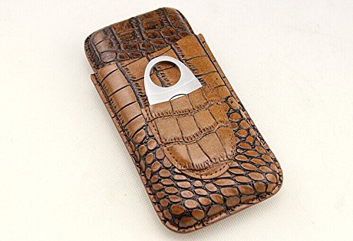 Brown Crocodile Embossed Leather 3 Ct Cigar Case w/Stainless Steel Cutter for Large Cigar