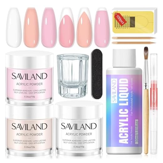 Saviland Acrylic Nail Kit - Clear/Nude/Pink Acrylic Powder and Liquid Set with Acrylic Nail Brush Cuticle Oil for Long-Lasting Professional DIY Acrylic Nail Art Beginner-Friendly Acrylic Nail Kit