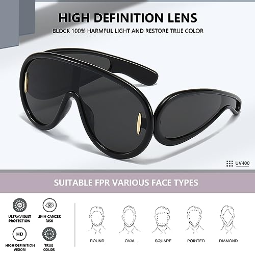 Oversized Aviator Sunglasses for Women Men Wave Mask Trendy UV400 Futuristic Shield Designer Style Sunglasses AM0512