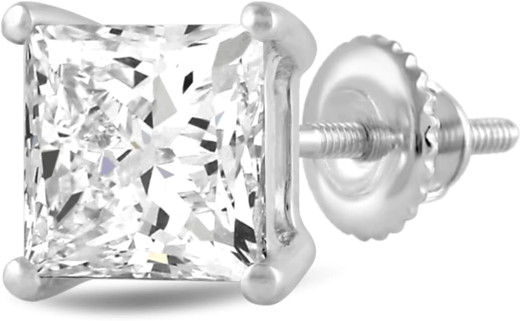 14K Solid White Gold SINGLE Stud Earring | Round or Princess Cut Cubic Zirconia | Screw Back Post | With Gift Box