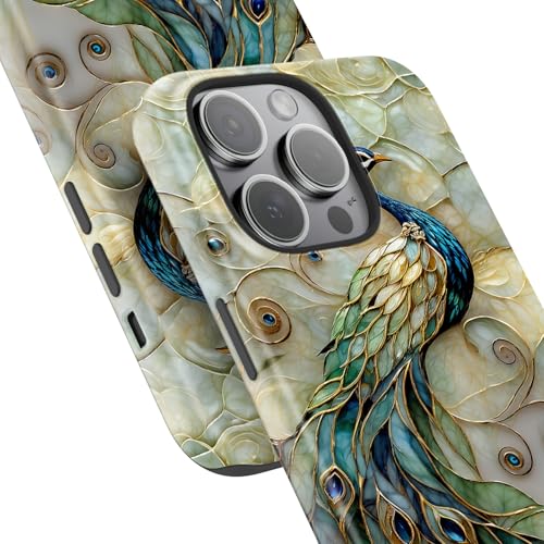 Image of Goodon for iPhone 13 Pro Max Case Cute - Wireless Charging Compatible - Dual-Layer Hard Shell + Silicone Cover - Protective Phone Case with Trendy Designs for Women - Peacock and Flower