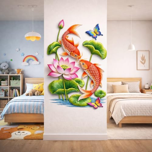 Image of Rangoli Koi Fish Wall Sticker 16 x 24 Inch Lotus Flower & Butterfly Design Self Adhesive Wall Decor for Living Room Bedroom Bathroom Nature Water Theme Wall Art