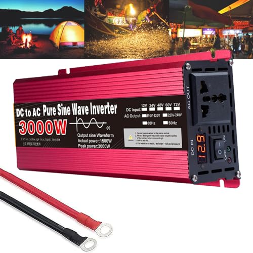 Power Inverter Pure Sine Wave Inverter 3000W Pure Sine Wave Inverter Dc 12V/24V to 220V-240V Power Converter Adaptor Home Solar Inverter Power Bank For Truck Outdoor Car Converter,12V