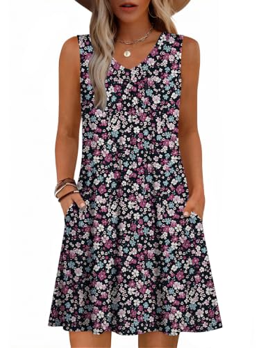 Image of Zeagoo Summer Dresses for Women 2026 Sleeveless Dress V Neck Tank Dress Pleated Floral Tshirt Sundresses with Pockets