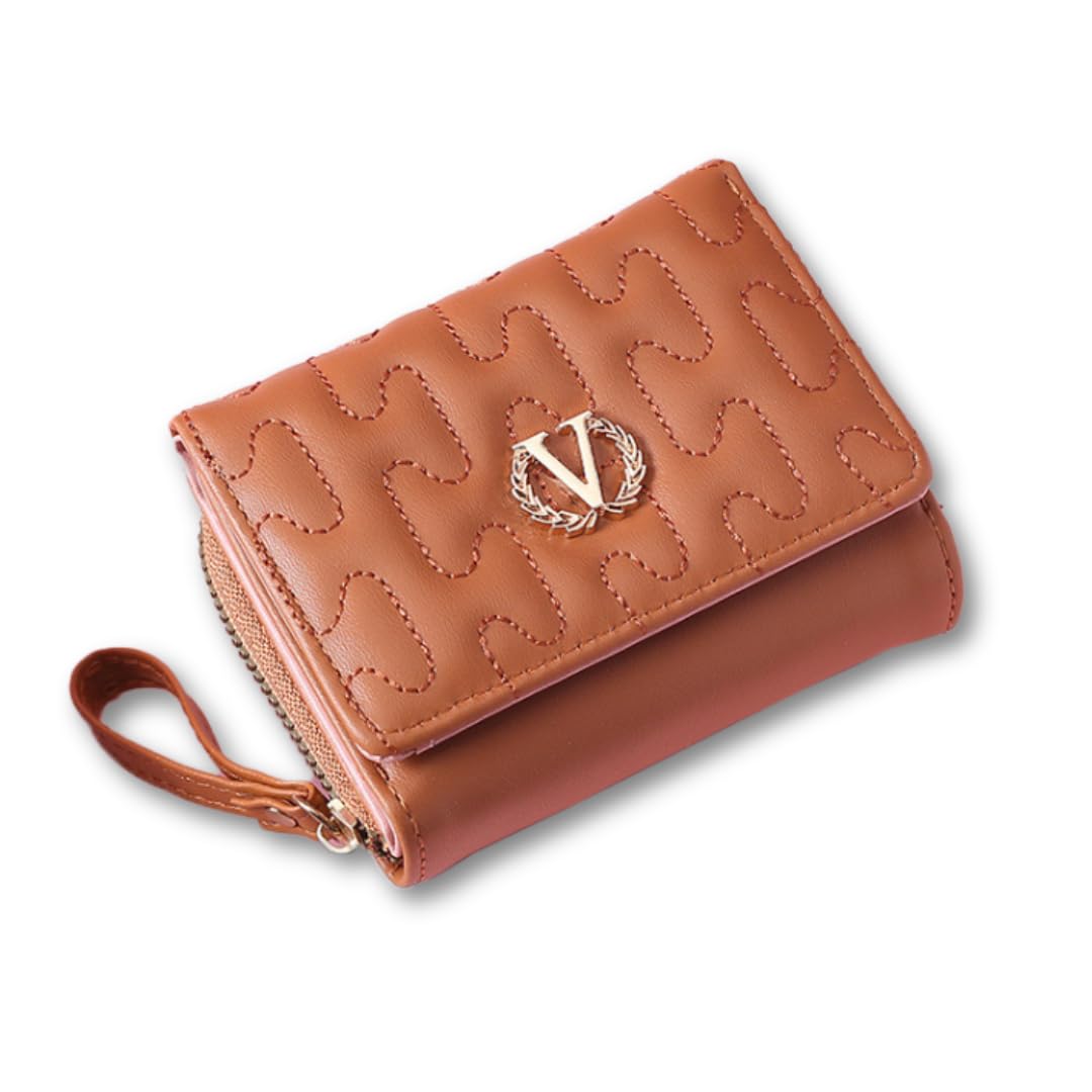 flymann Trifold Ladies Wallet - Embroidered Heart Pattern PU Leather Purse - Wristlet Clutch Cute Zipper Coin Women Purse (Tan)-picture-32