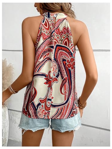 Image of RoseSeek Women's Tropical Paisley Halter Blouse Boho Shirt Vacation Tops