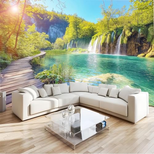 Carta da parati fotografica 250 x 175 cm, Passerella Con Cascata Naturale Carta da parati murale non tessuta stampata per soggiorno camera da letto cameretta poster arte da parete, Verde