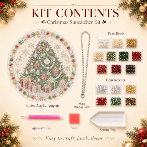 AYTHSRIC Christmas Pearl Diamond Painting Suncatcher Kit, Acrylic DIY Diamond and Pearl Art Painting, Christmas Diamond Painting Hanging Pendant, 3D Mixed-Sized Pearl Beads Craft (Style 9, 8×8in) - 3