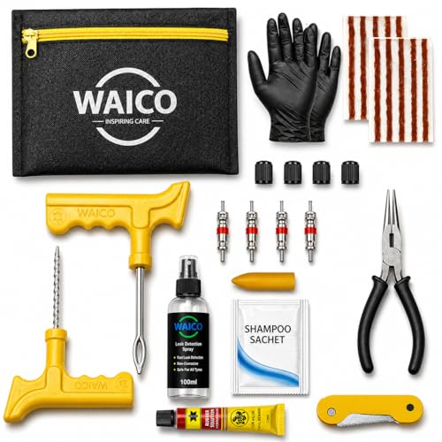 WAICO 13 in 1 Tubeless Tyre Puncture Kit | Reamer, Probe,10-Rubber Strips, Gloves, Plier, Knife, Sloution, Chalk, Spray Bottle, Storage Bag, | Emergen