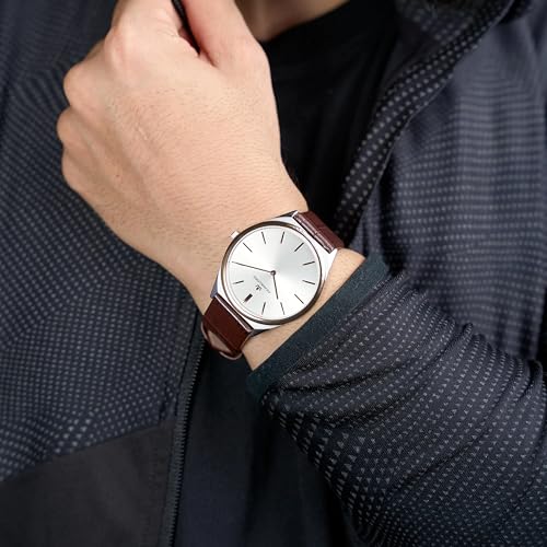 Image of Franklord Ultra-Slim Men's 5 mm Swiss Movement Dress Watch - 40 mm Case, Sapphire Crystal, 316L Stainless Steel with Leather Strap