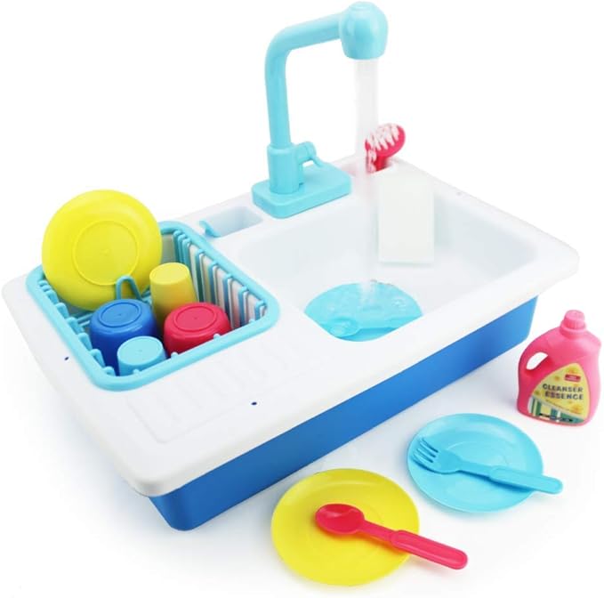 Boley Kids Play Kitchen Sink with Running Water 20 Piece Dishwashing