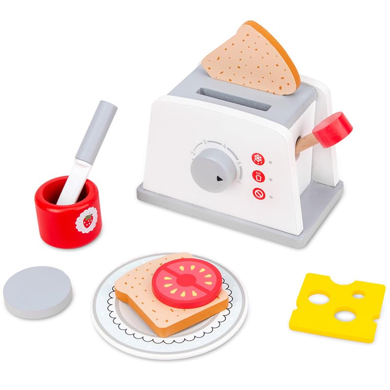 Image of Pop Up Toaster Toy Set with Kitchen Accessories, 8 Pc Wooden Playset -Interactive Role Play Toys for Girls and Boys 3+