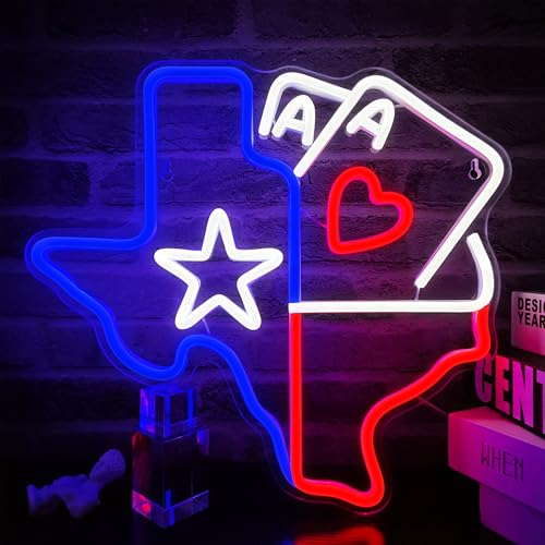 Image of Poker Neon Sign Dimmable Playing Cards Neon Signs Texas Map Shape Neon Light for Poker Room Man Cave Club Pub Bistro Pub Home Bar Party Bedroom Decor USB Powered