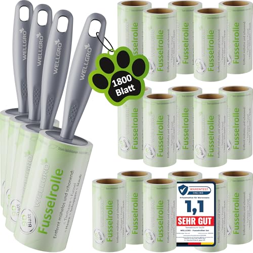 WELLGRO Fusselrolle Tierhaare – 20 Rollen 1800 Blatt + 4 Abroller – Fusselroller Kleidung & Kleberoller Tierhaarentferner für Katze, Hund und Haushalt – Fusselbürste & Lint Roller