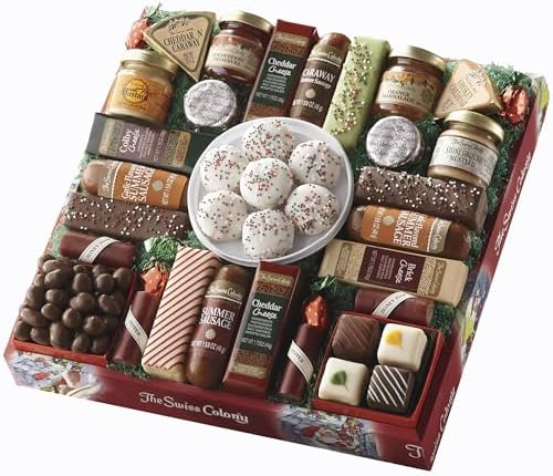 The Swiss Colony 27 Favorites Food Gift Set, Summer Sausage Meats and Cheeses, Assorted Chocolates, Candies, Petits Fours, Cheese & Charcuterie Board Gifts Basket, Holiday, Christmas - Holiday Red Box