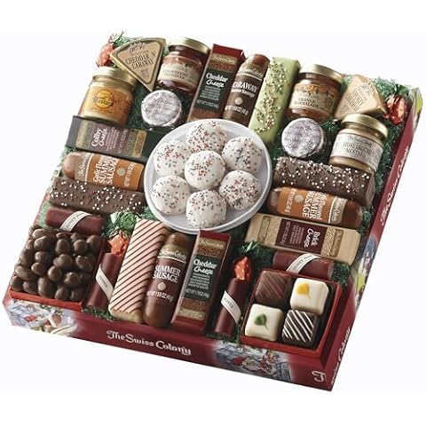 The Swiss Colony 27 Favorites Food Gift Set, Summer Sausage Meats and Cheeses, Assorted Chocolates, Candies, Petits Fours, Gift Basket, Cheese & Charcuterie Gifts, Cheese for Charcuterie Board, Holiday, Christmas, Thank You Gifts, Adults, Women, Men - Holiday Red Box Cover