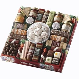 The Swiss Colony 27 Favorites Food Gift Set, Summer Sausage Meats and Cheeses, Assorted Chocolates, Candies, Petits Fours, Gift Basket, Cheese & Charcuterie Gifts, Cheese for Charcuterie Board, Holiday, Christmas, Thank You Gifts, Adults, Women, Men – Holiday Red Box