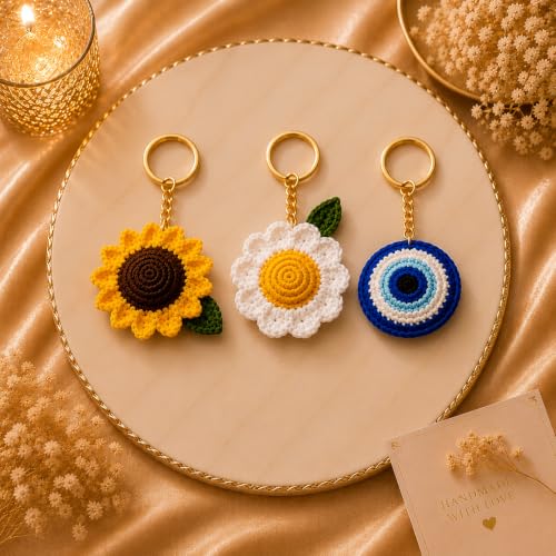 Image of Handmade Crochet Keychain Combo for Girls Women Cute Aesthetic Sunflower Strawberry Watermelon Daisy Knitted Keychain Bag Charm Purse Charm Car Key Ring Backpack Accessories Gift