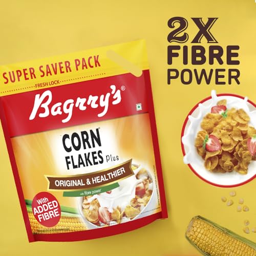 Image of Bagrry's Corn Flakes Plus 1.2kg | Original and Healthier | Low Fat & Cholesterol | Added Fibre | Toasted & Crunchy Prebiotic Breakfast Cereal | No Added Preservatives (Pack of 3)