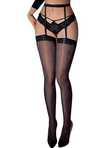 EHSUYAB Sparkly Thigh High Stockings With Garter, Glitter Silver Thread Fishnets,Sexy Costume Suspender Pantyhose Rave Tights - Iridescent-black - 00-6