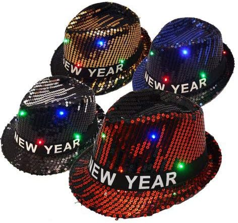 Pack of 6 Happy New Years Party Ribbon Sequins Fedora Hats with Light