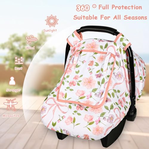 Image of Windproof Baby Car Seat Cover, 3D Mink Dot Infant Car Seat Canopy with Breathable Mesh Window, Baby Carrier Cover for All Seasons, Easy Access Carseat Carrie Snug Fit Stroller, Pink Bow