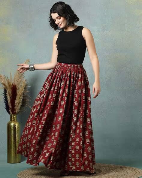 Image of Women's Floral Print Maxi Skirt, Maroon Red, 100% Pure Cotton, Elastic Waist, Full Length, Breathable Fabric
